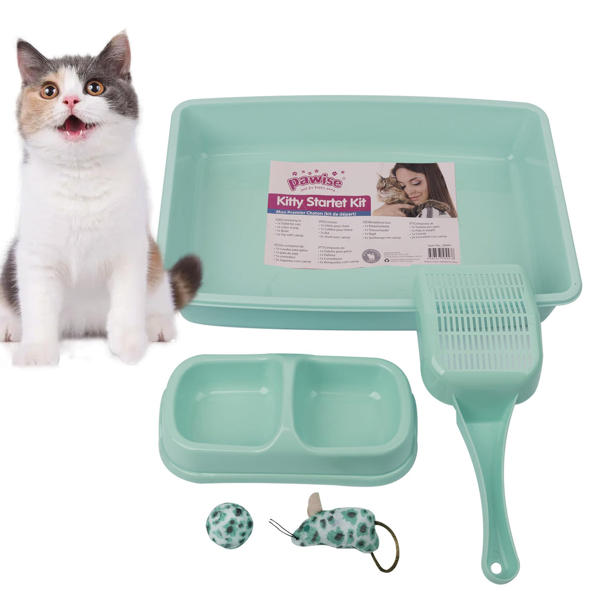 Small Cat Litter Box Starter Kit with Scoop, Bowls and Toys A432