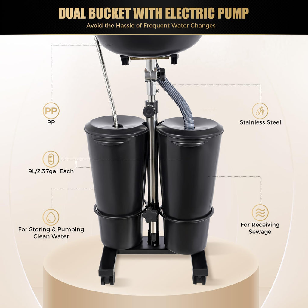 Portable Shampoo Bowl with 2 Buckets, Electric Pump, Drain Hose, 4 Wheels Q2786