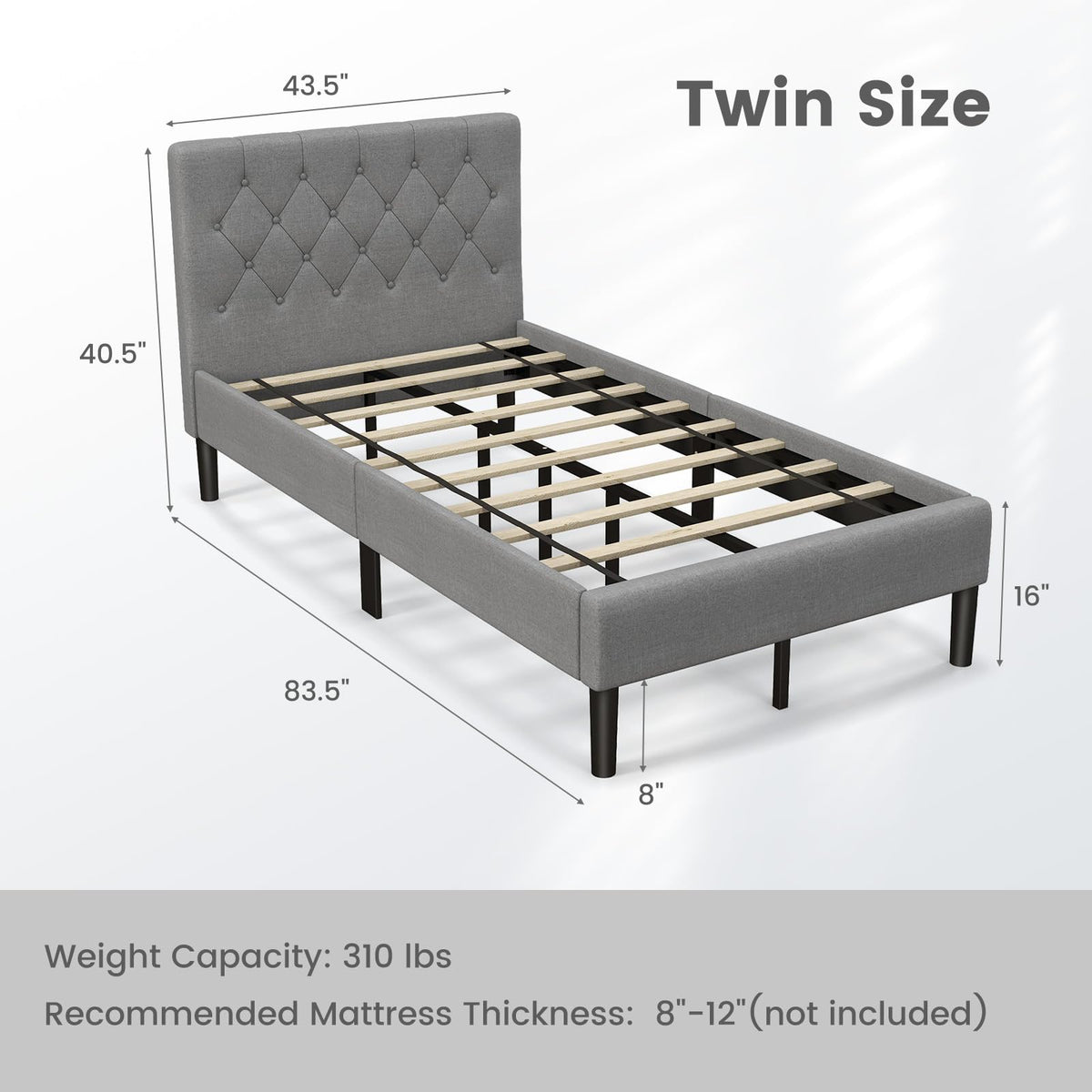 Grey Twin Upholstered Platform Bed with Headboard S181
