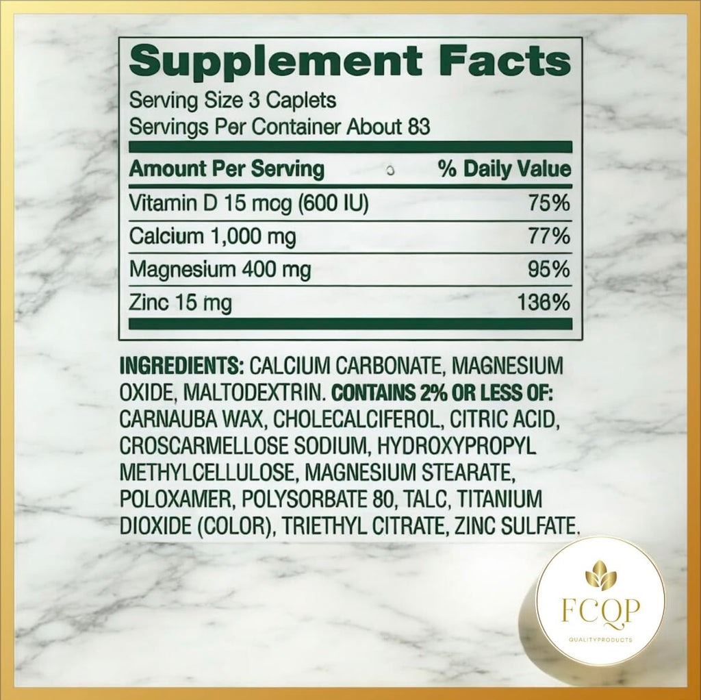 Calcium Magnesium Zinc with Vitamin D3 Supplements, 250 Coated Caplets U42767