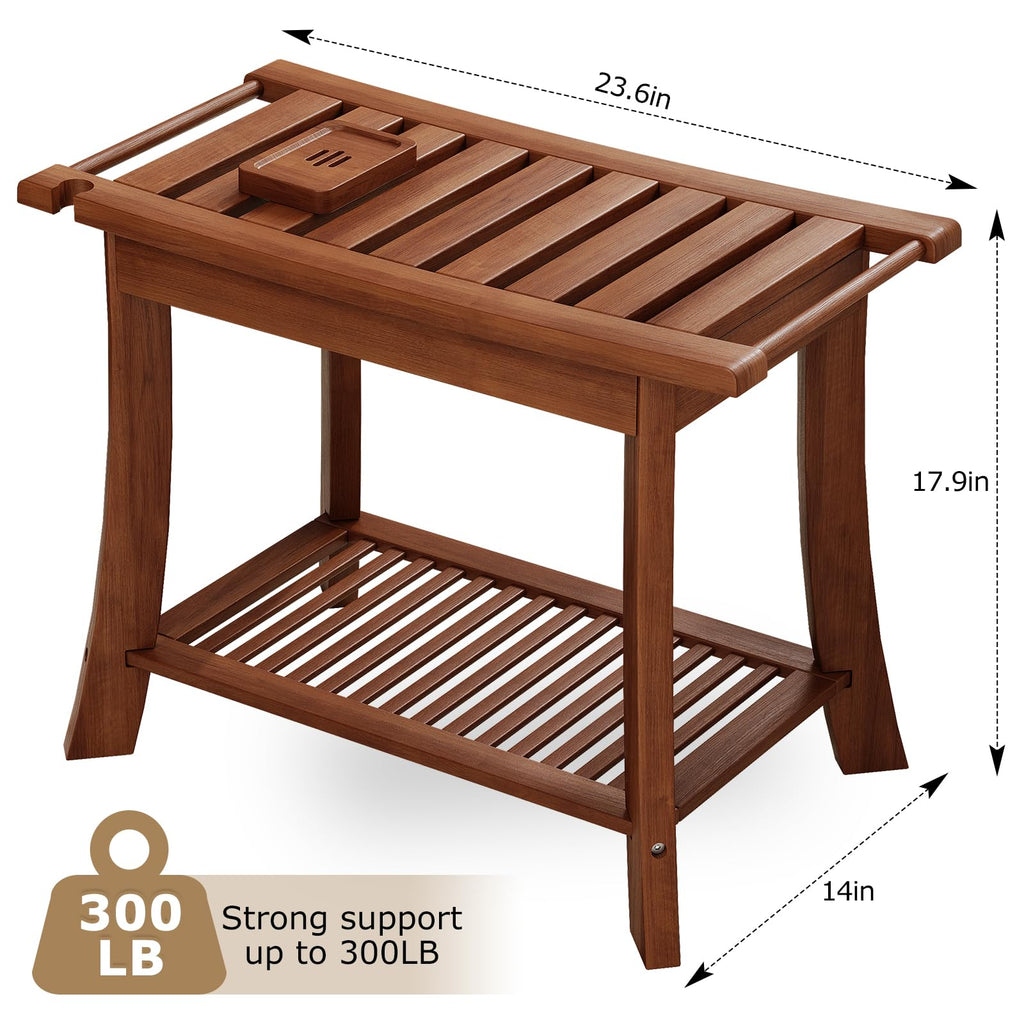 23.6 Inch Teak Shower Bench with Storage Shelf A142785