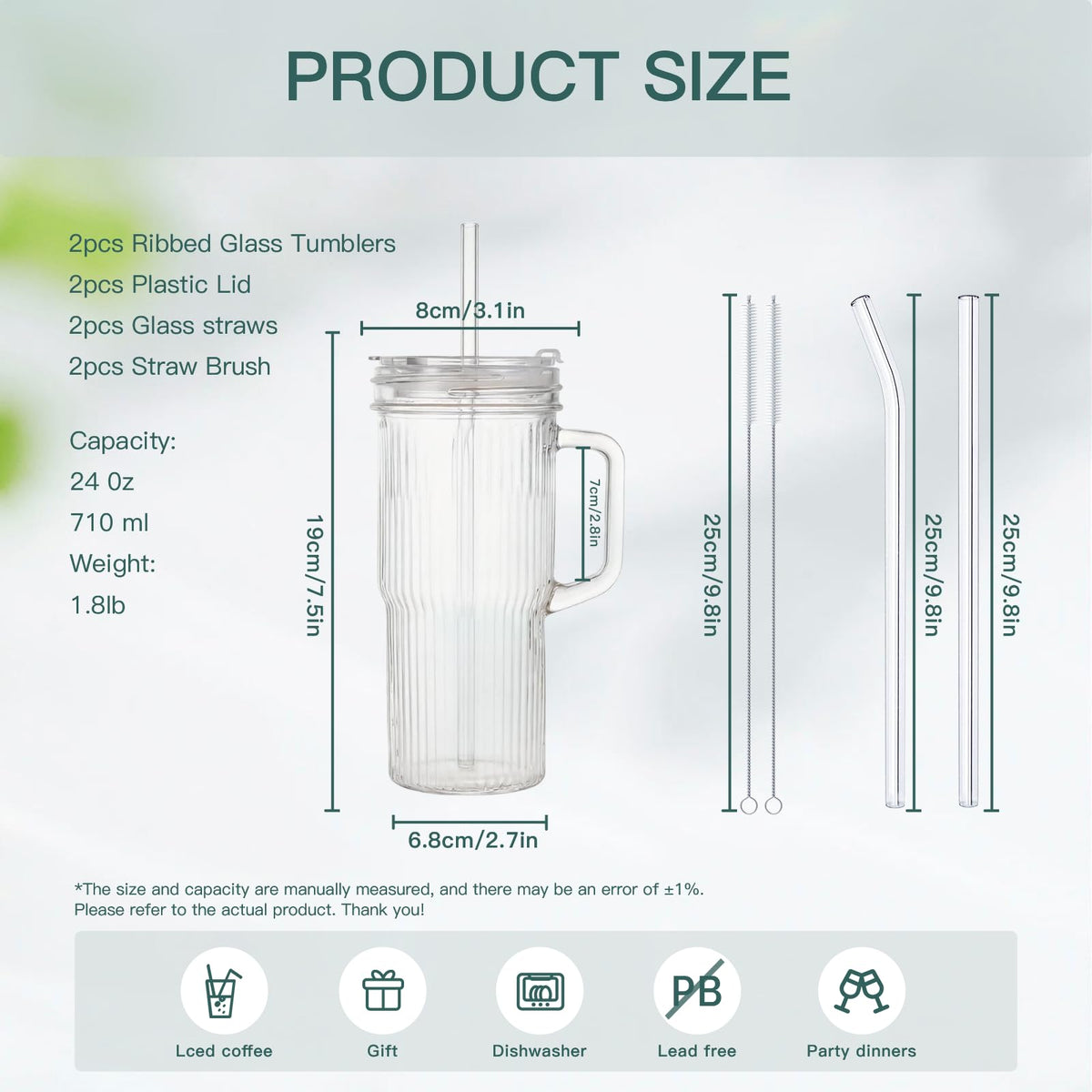 2-Pack 24oz Ribbed Glass Tumbler with Lids & Straws I33466