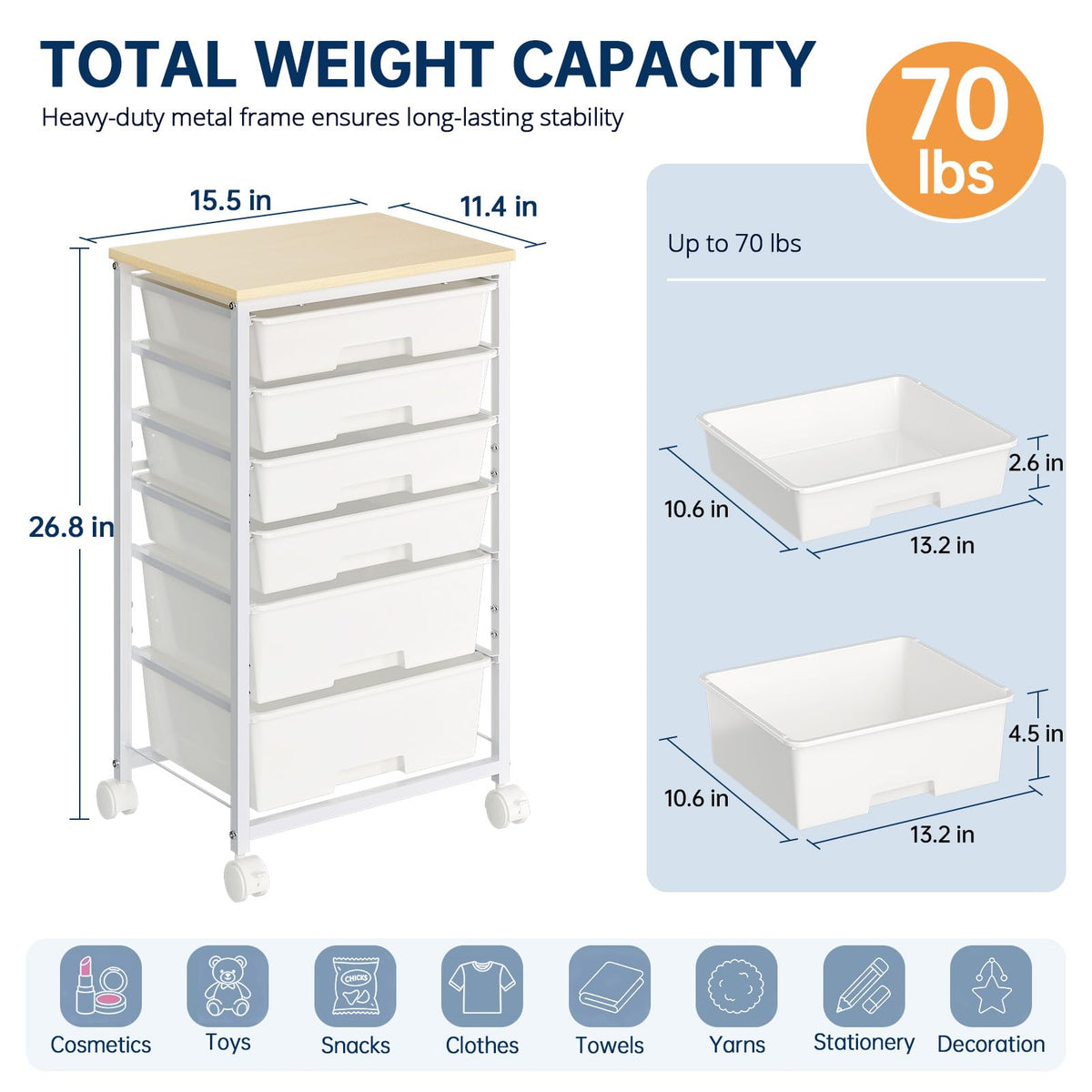 Rolling Storage Cart with 6 Drawers Q88419