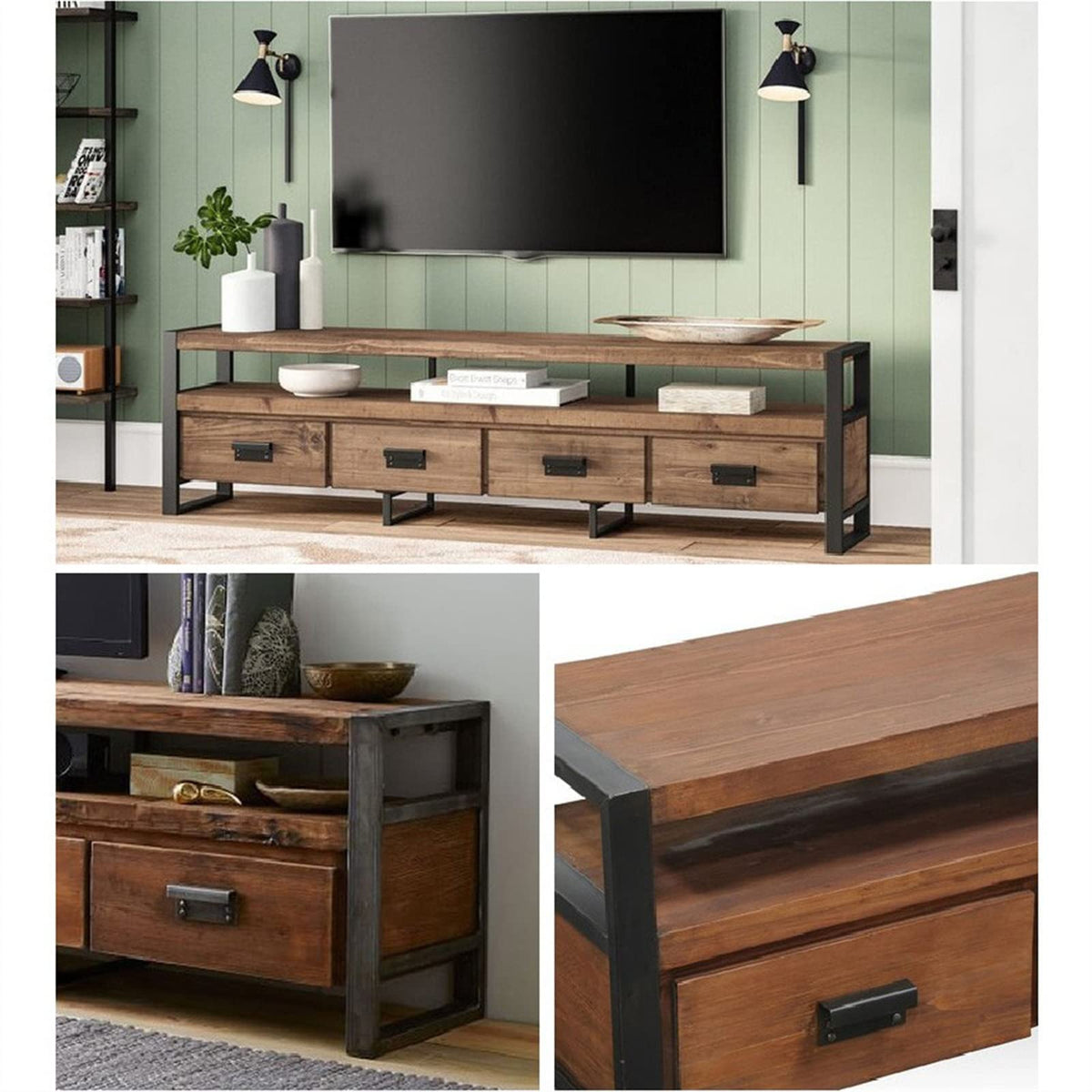 Vintage Pine TV Stand Cabinet with 4 Drawers F180