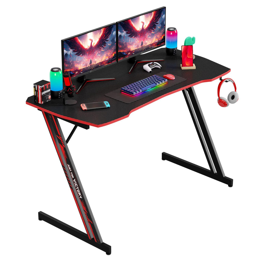47.2 Inch Z Shaped Carbon Fiber Gaming Desk with Headphone Hook V3992