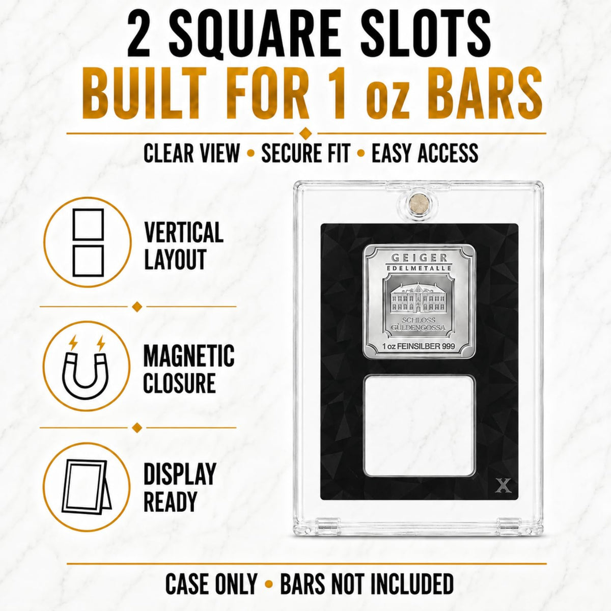 Square Bar Display Case, Magnetic One Touch Bullion Holder, 1 oz (2 Slots) N134