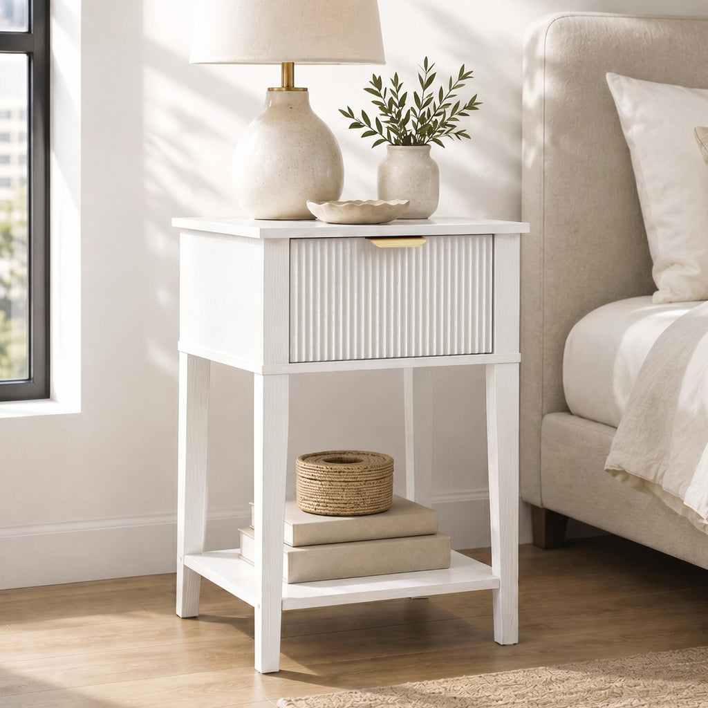 White Nightstand with Drawer and Open Shelf A8870