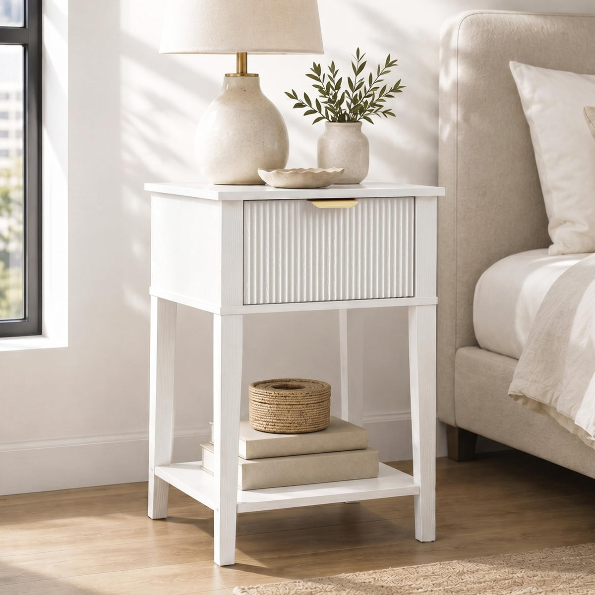 White Nightstand with Drawer and Open Shelf A8870