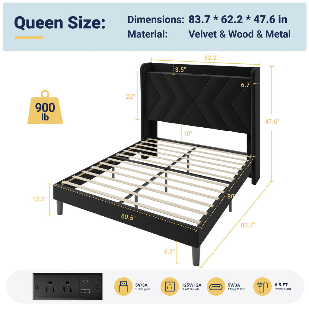 Queen Size Black Velvet Bed Frame with Charging and Shelf Z901697