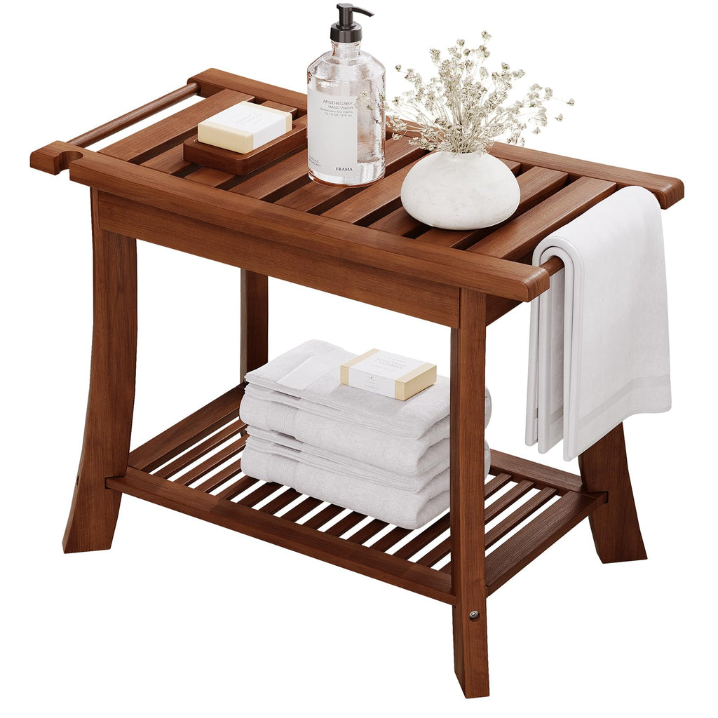 23.6 Inch Teak Shower Bench with Storage Shelf A142785