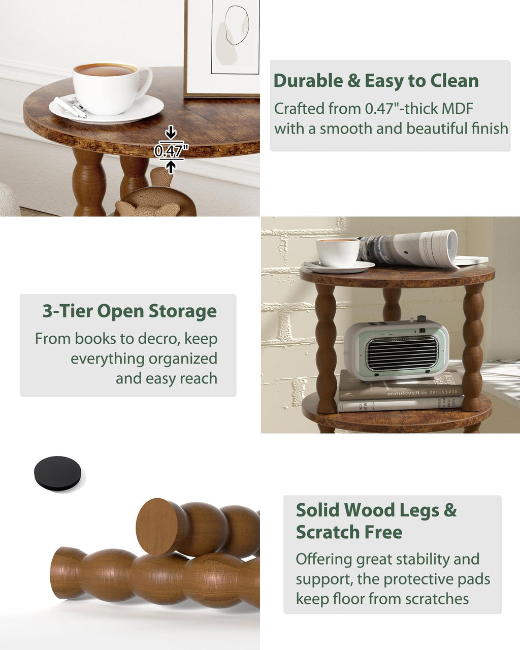 3 Tier Round Side Table with Spindle Wood Legs T346419