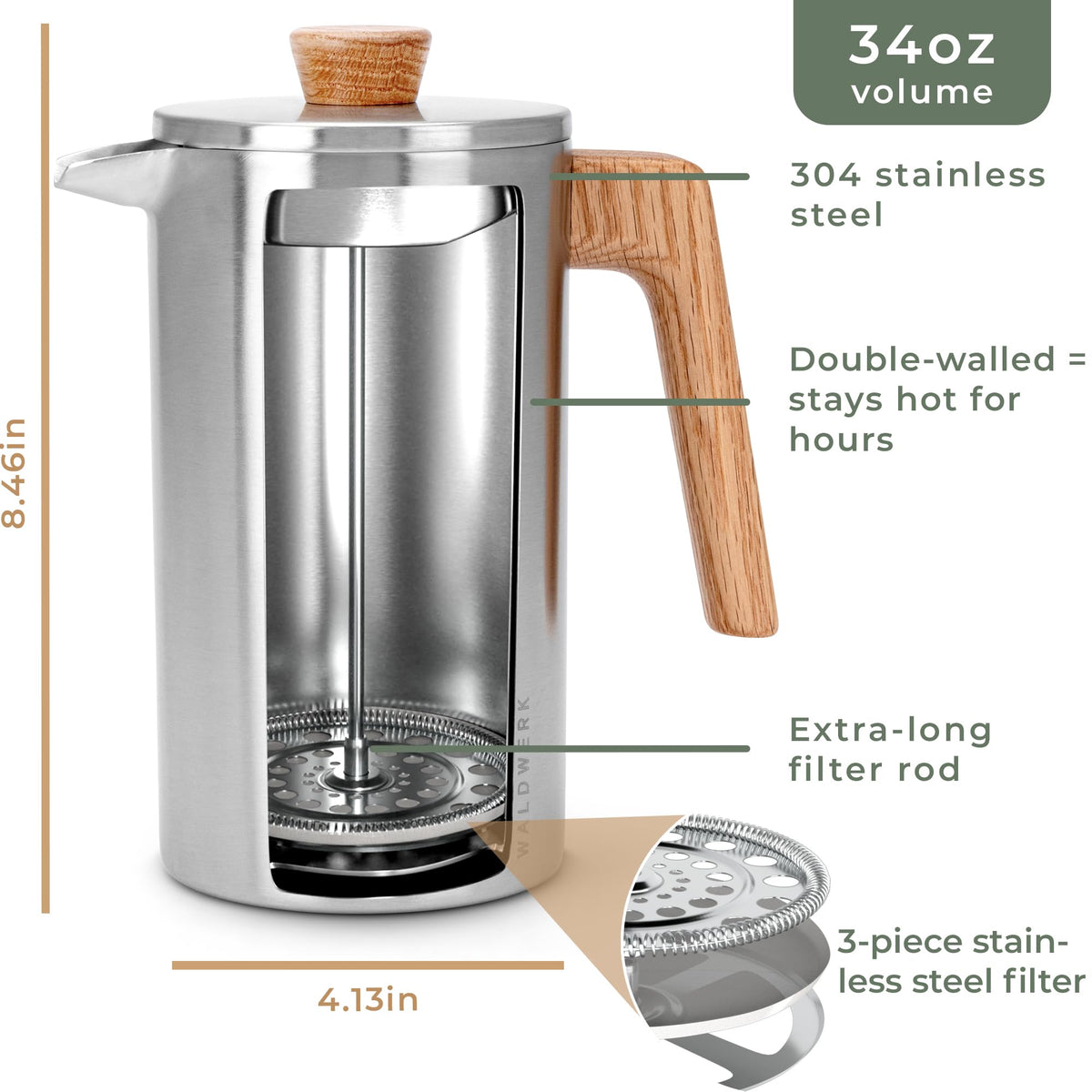 34 oz Stainless Steel Double Wall French Press B312447