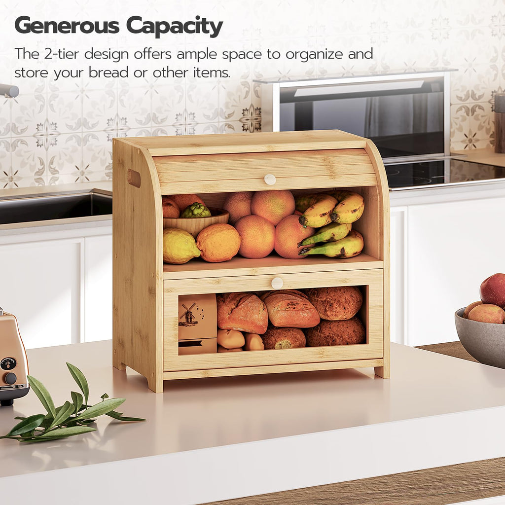 Bamboo 2 Tier Roll-Top Bread Box T1094