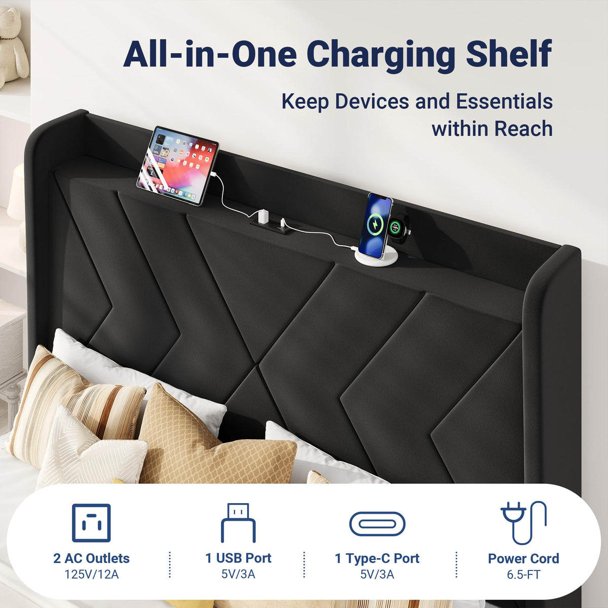 Queen Size Black Velvet Bed Frame with Charging and Shelf Z901697