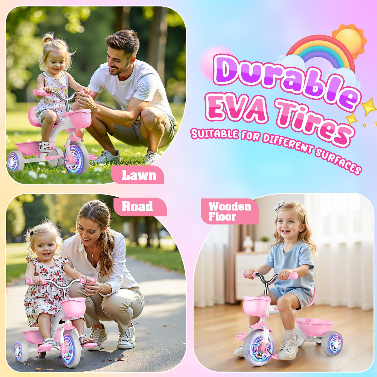 Pink Toddler Tricycle with Adjustable Seat and Light Wheels Q9887