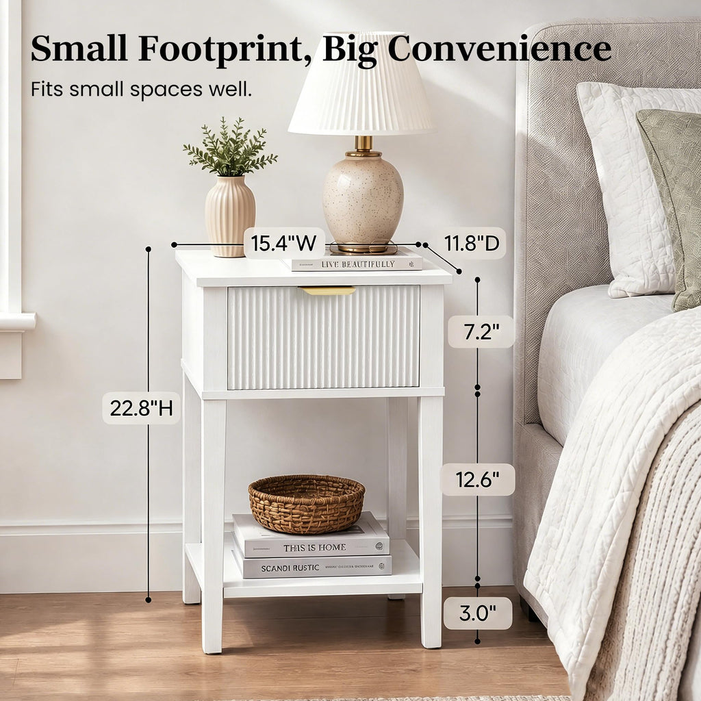 White Nightstand with Drawer and Open Shelf A8870