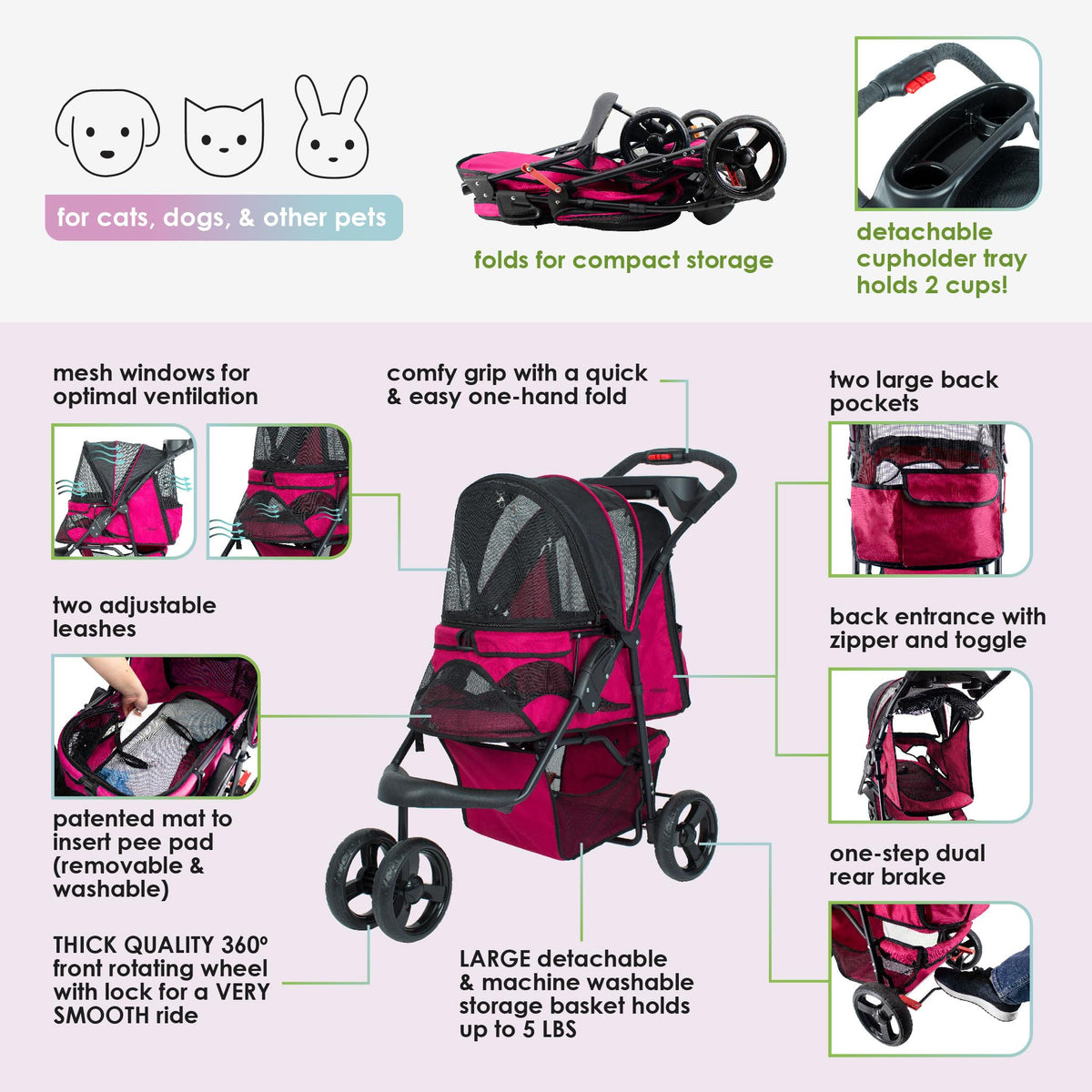 Durable Pet Stroller with Mesh Windows and Storage Basket T309