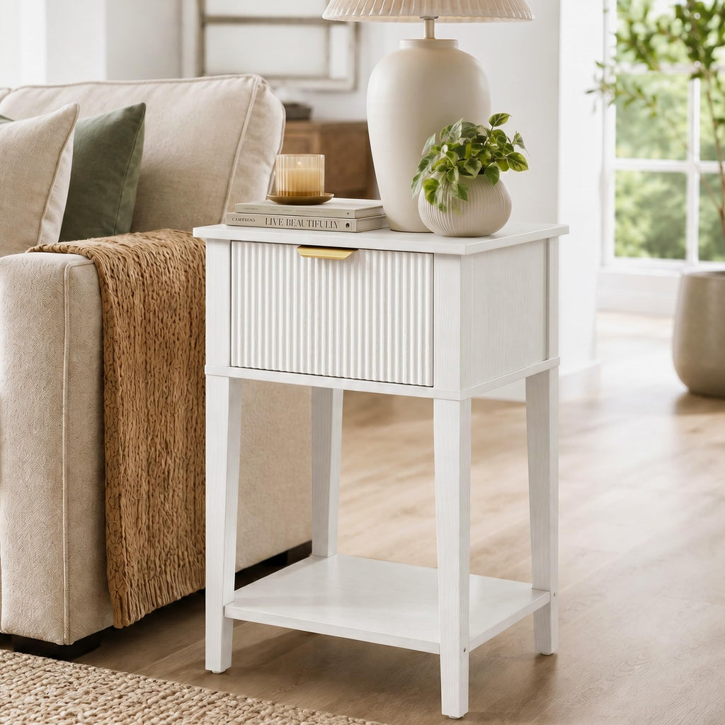 White Nightstand with Drawer and Open Shelf A8870