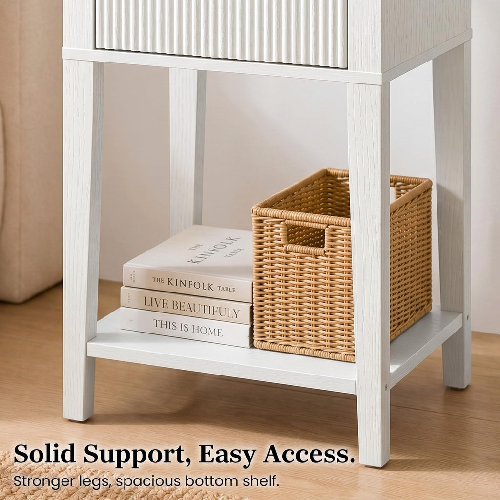White Nightstand with Drawer and Open Shelf A8870