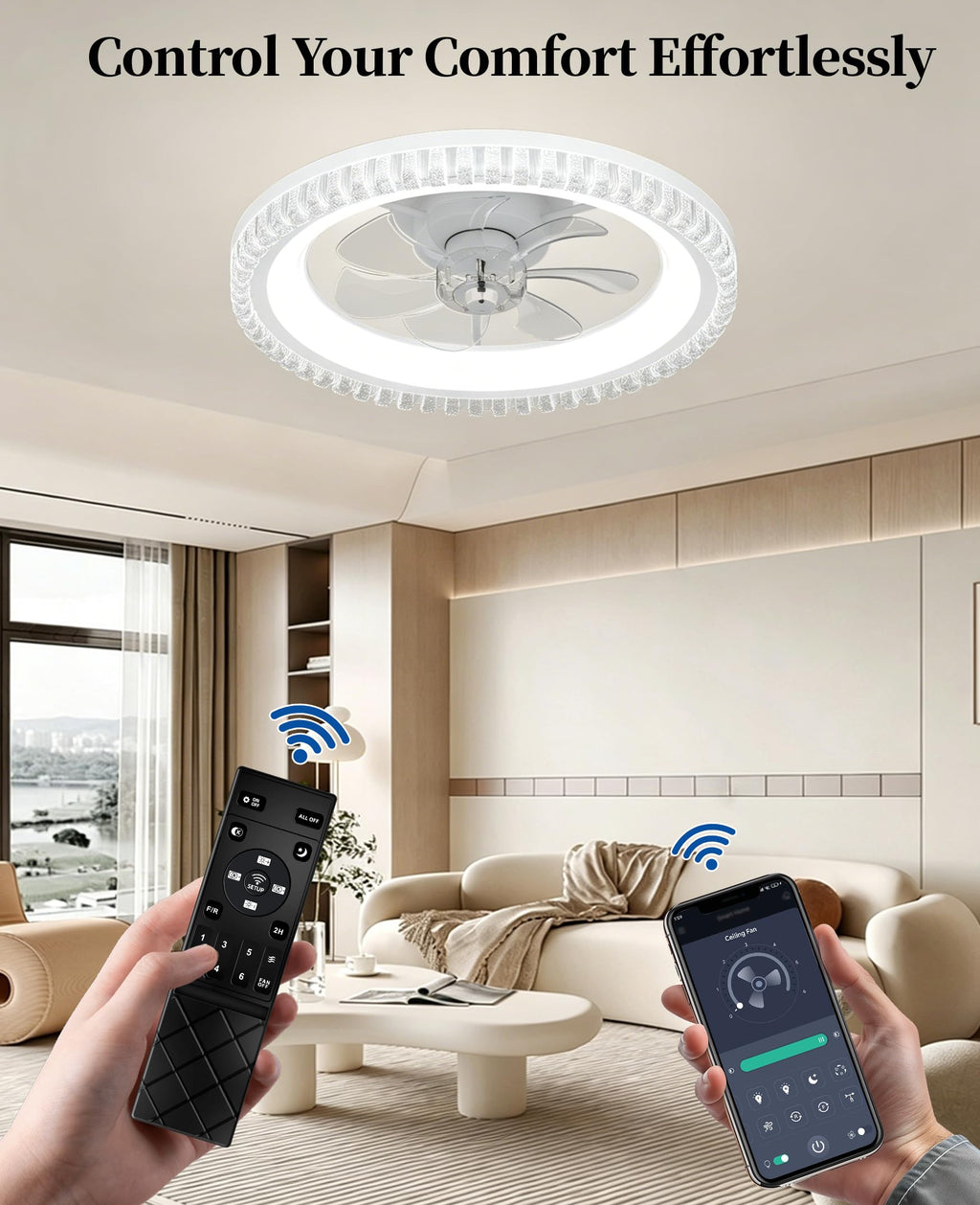 20" White Flush Mount Ceiling Fan with Light C6962