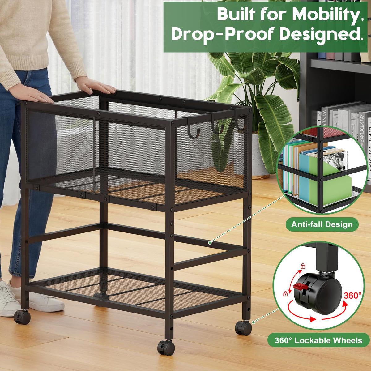 Black 2-Tier Rolling Metal File Cart with Storage Shelf M585799