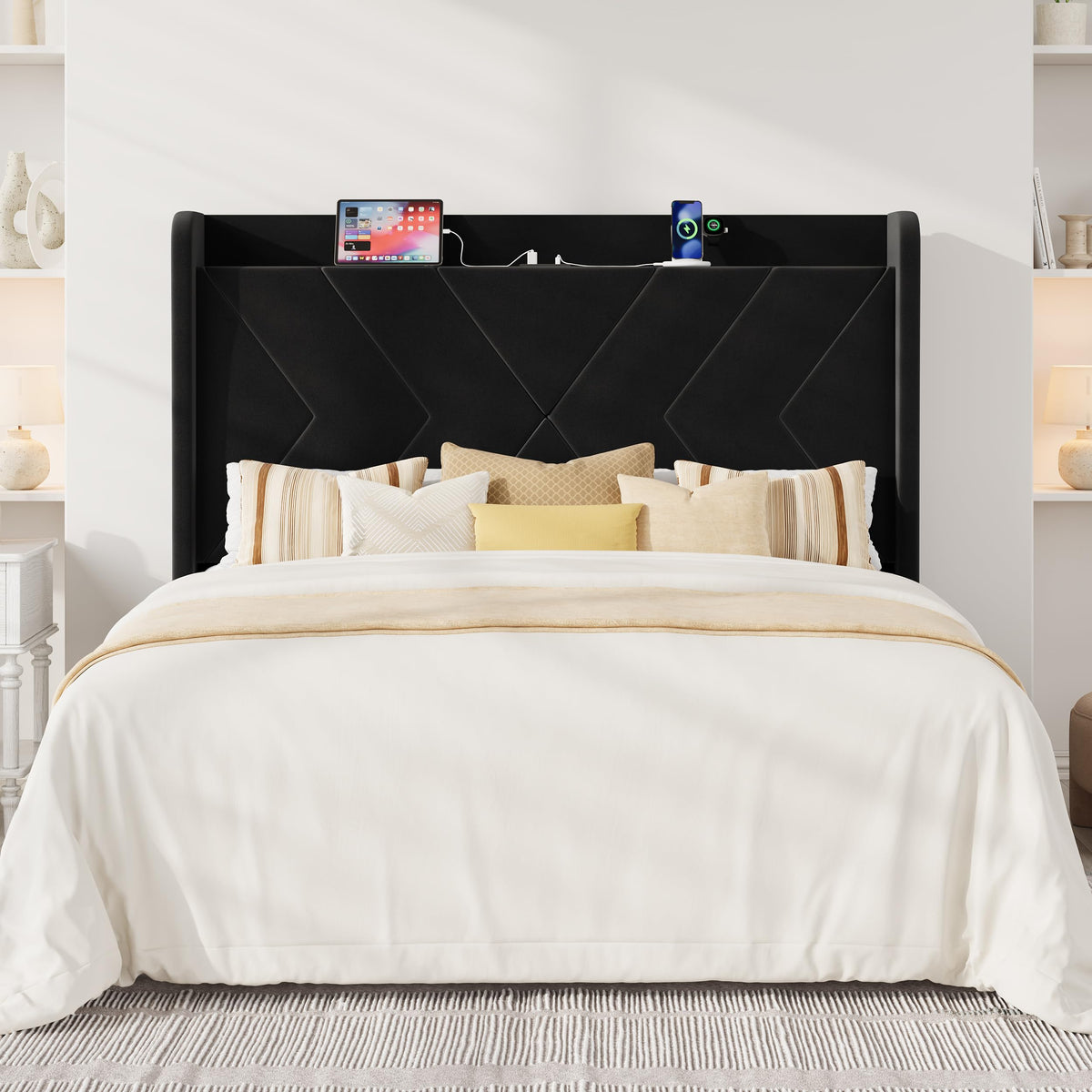 Queen Size Black Velvet Bed Frame with Charging and Shelf Z901697