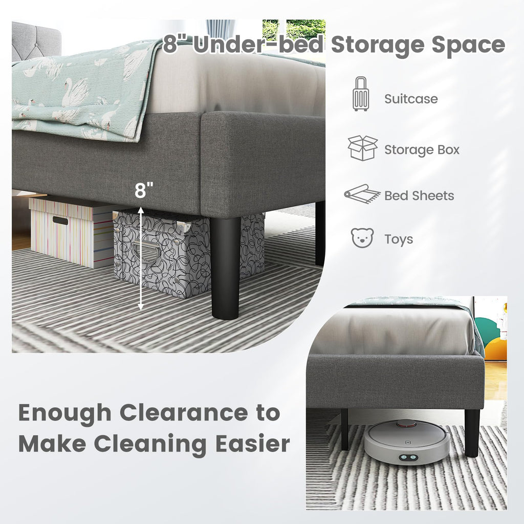 Grey Twin Upholstered Platform Bed with Headboard S181