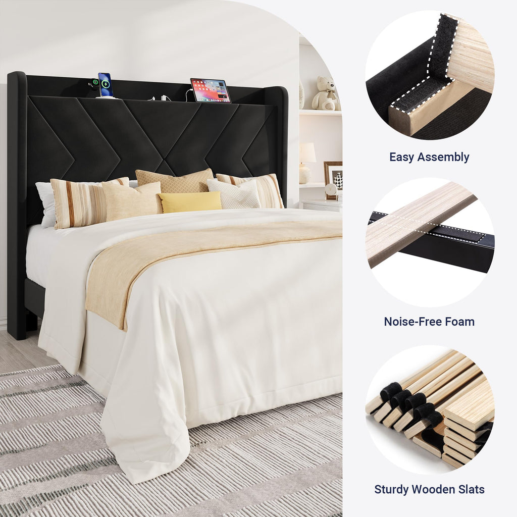 Queen Size Black Velvet Bed Frame with Charging and Shelf Z901697