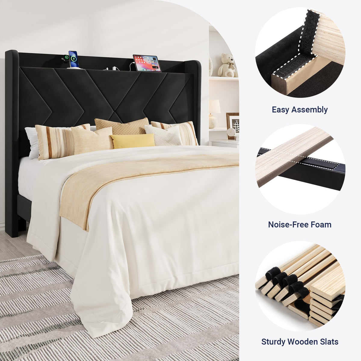 Queen Size Black Velvet Bed Frame with Charging and Shelf Z901697