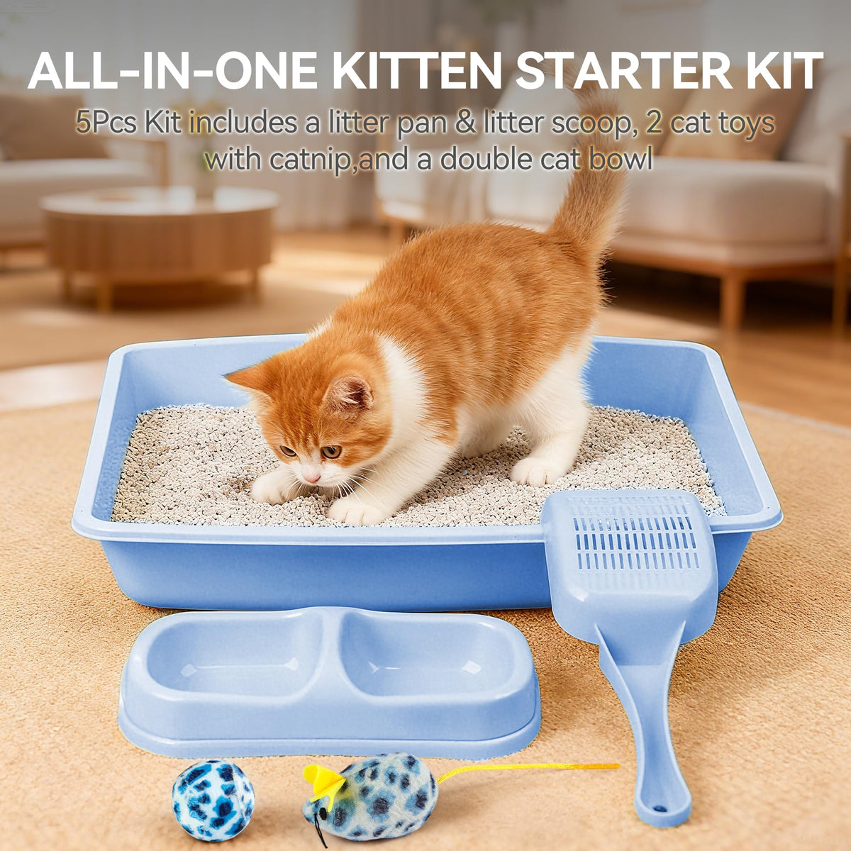 Cat Litter Box Set with Litter Scoop, Double Dish Cat Bowl, Mouse and Ball Toy A19687
