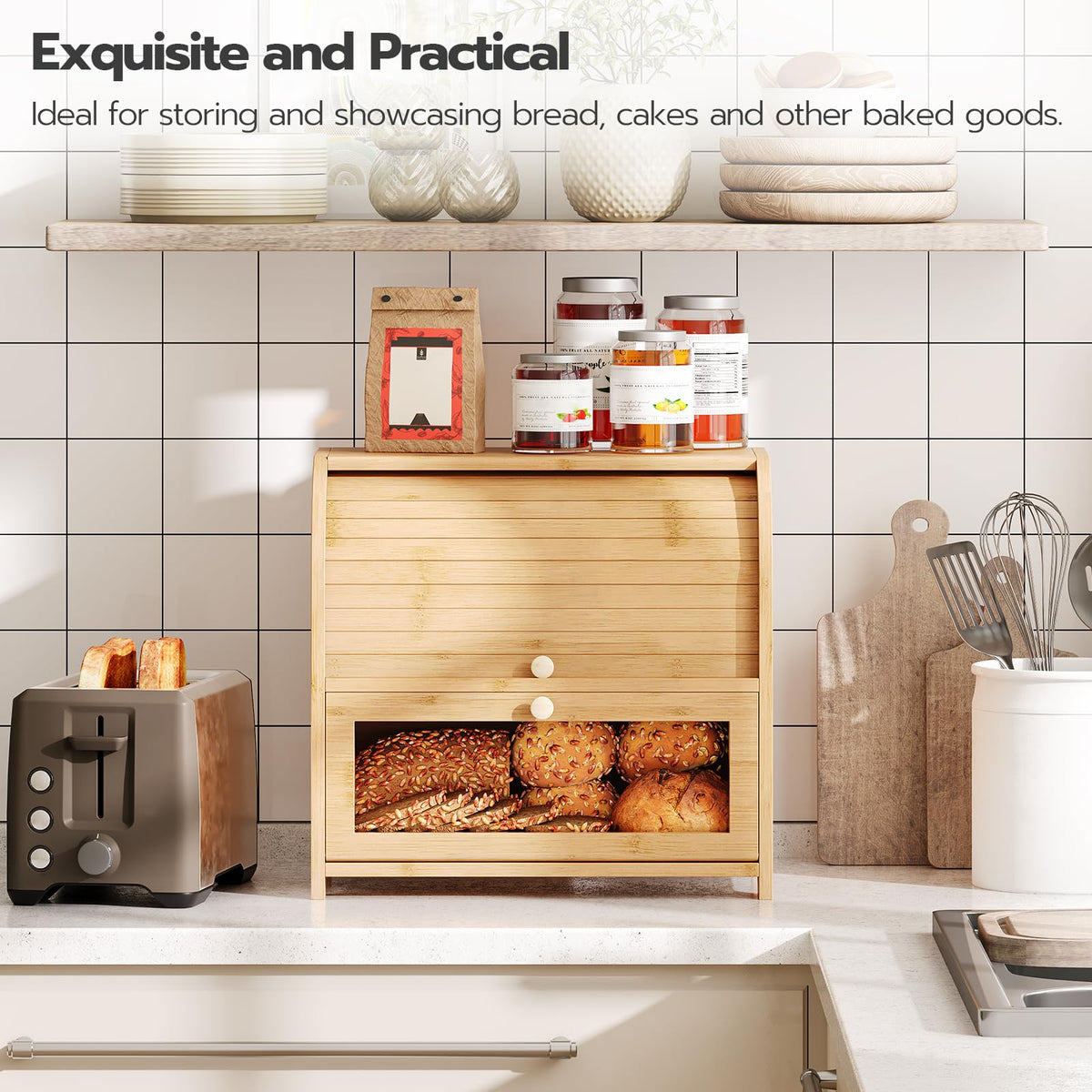 Bamboo 2 Tier Roll-Top Bread Box T1094