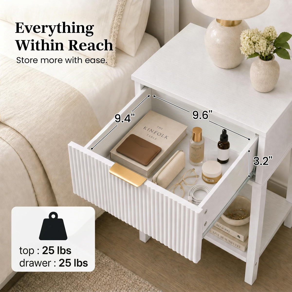White Nightstand with Drawer and Open Shelf A8870