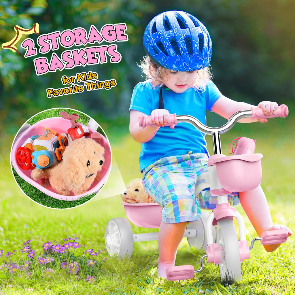 Pink Toddler Tricycle with Adjustable Seat and Light Wheels Q9887