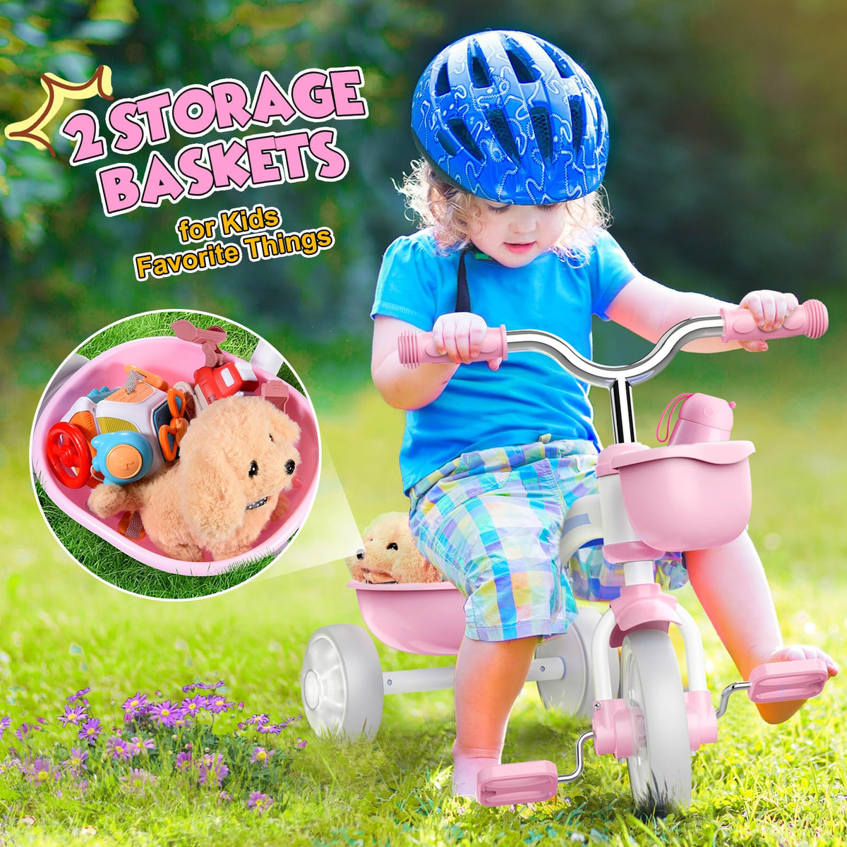 Pink Toddler Tricycle with Adjustable Seat and Light Wheels Q9887