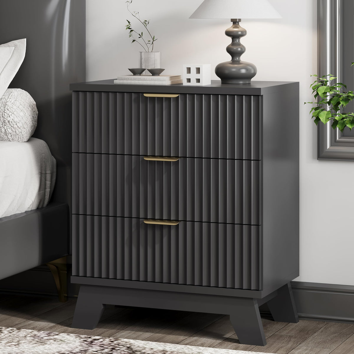 Black 3 Drawer Fluted Nightstand S354309