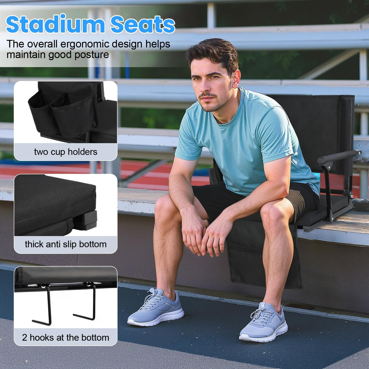 2 Pcs Folding Stadium Seat with Back Support and Cushion J500