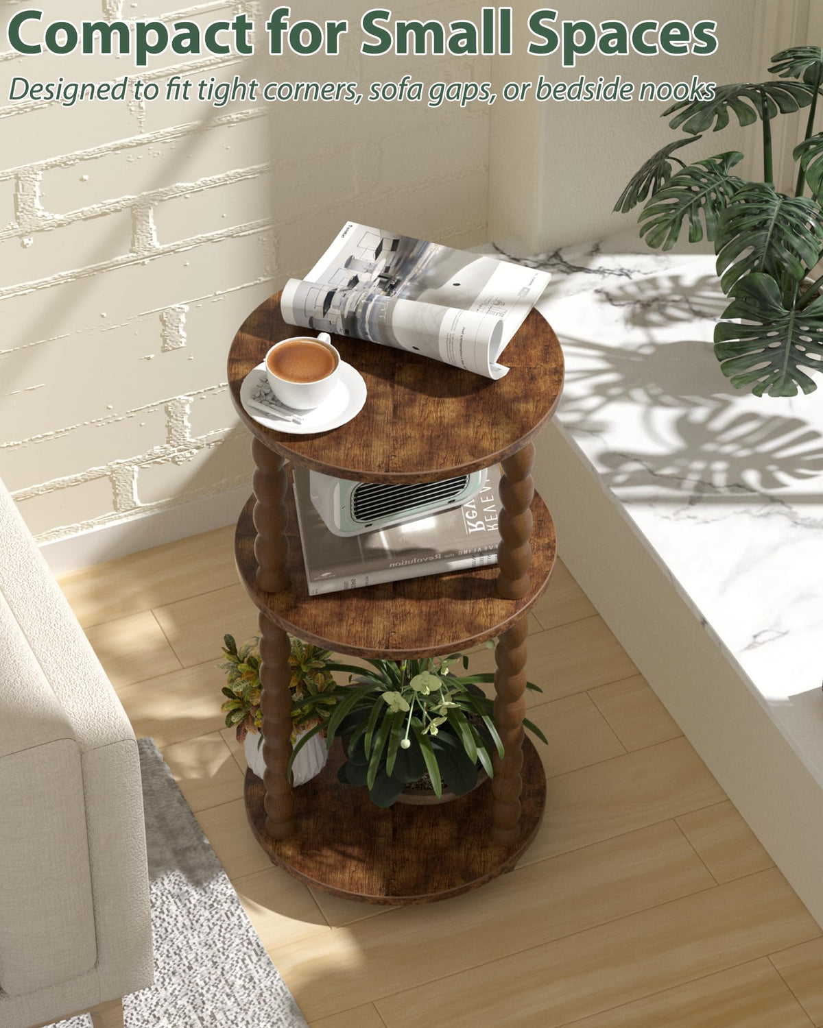 3 Tier Round Side Table with Spindle Wood Legs T346419