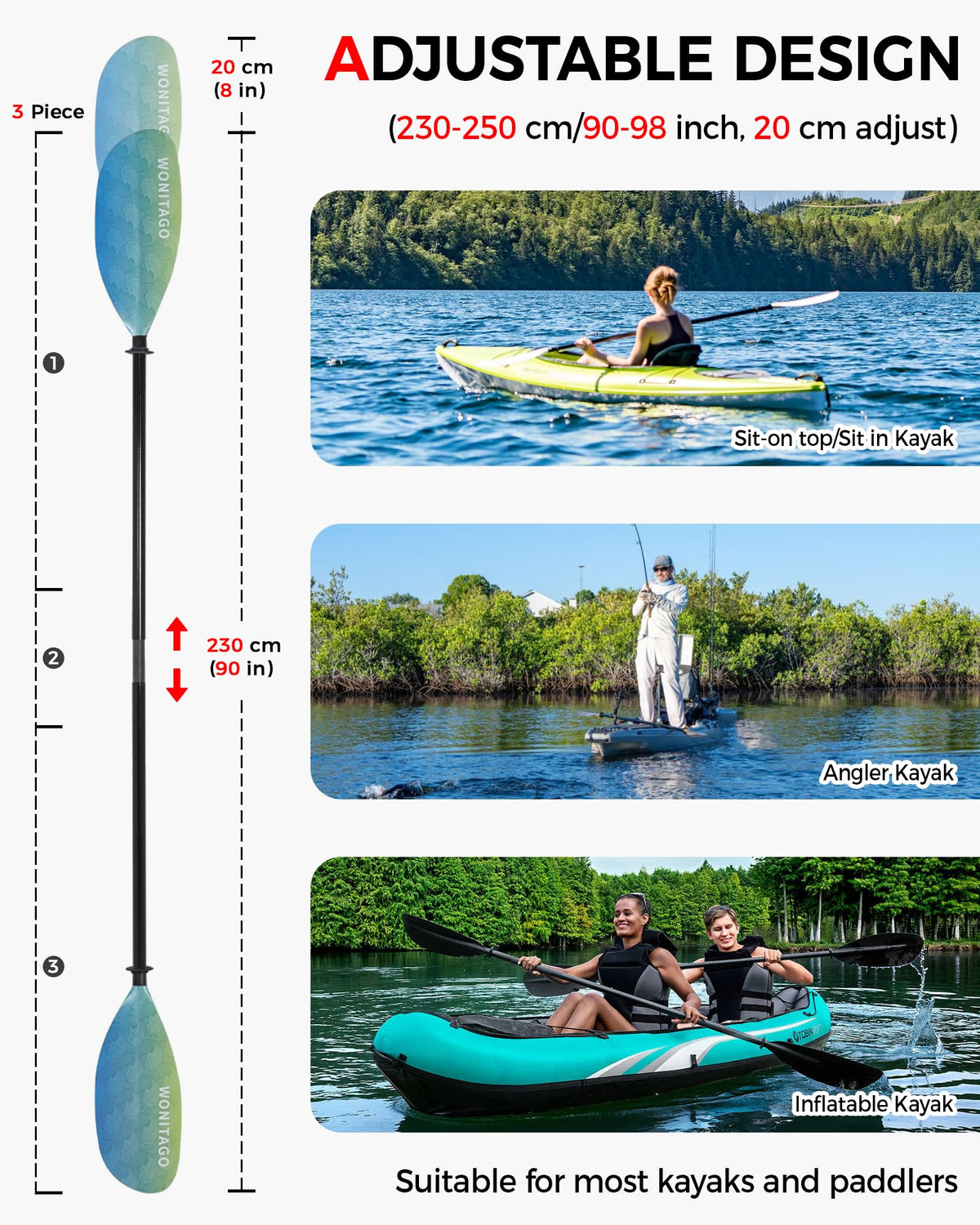 Adjustable Fiberglass Shaft Nylon Blade Kayak Paddle P85855