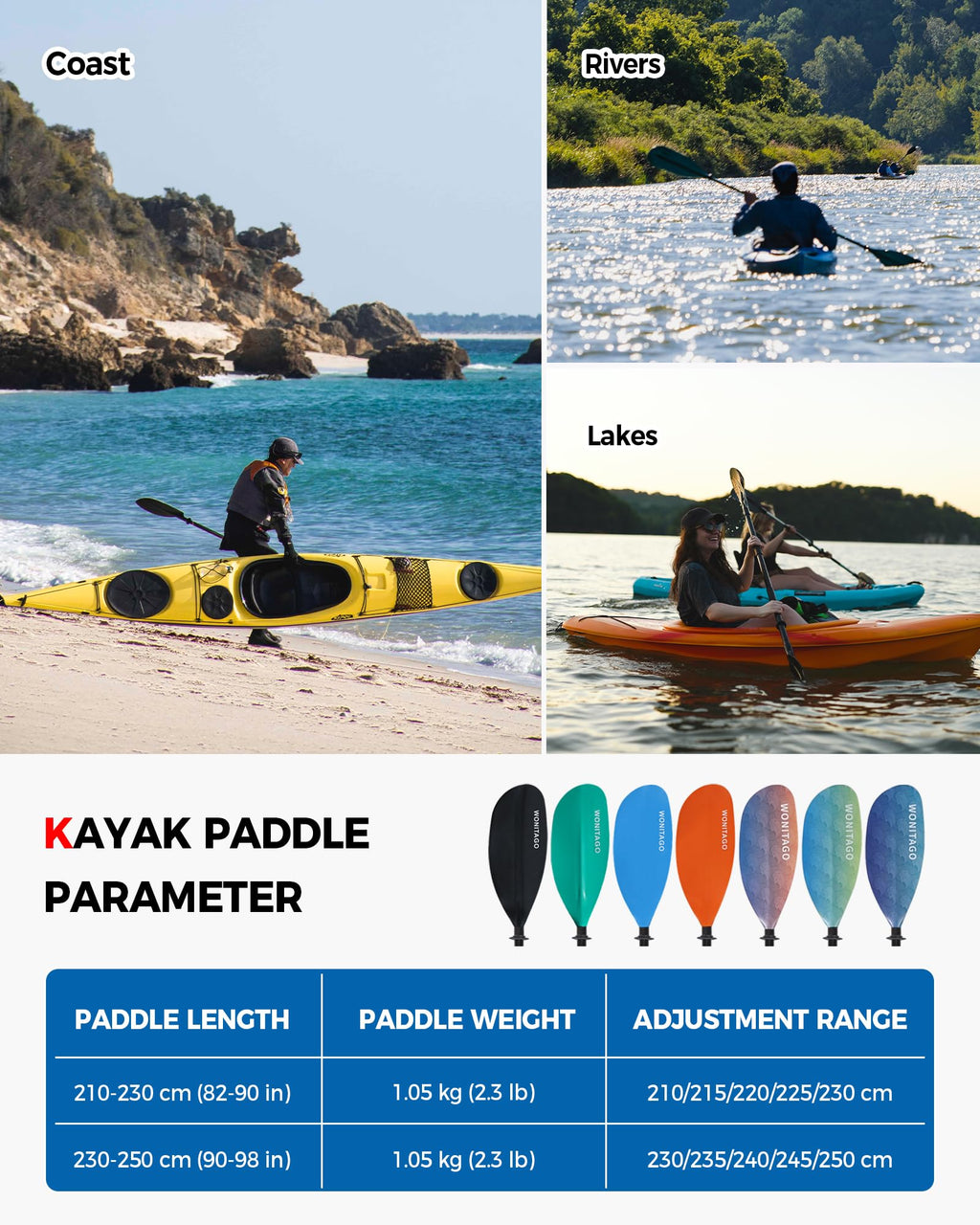 Adjustable Fiberglass Shaft Nylon Blade Kayak Paddle P85855