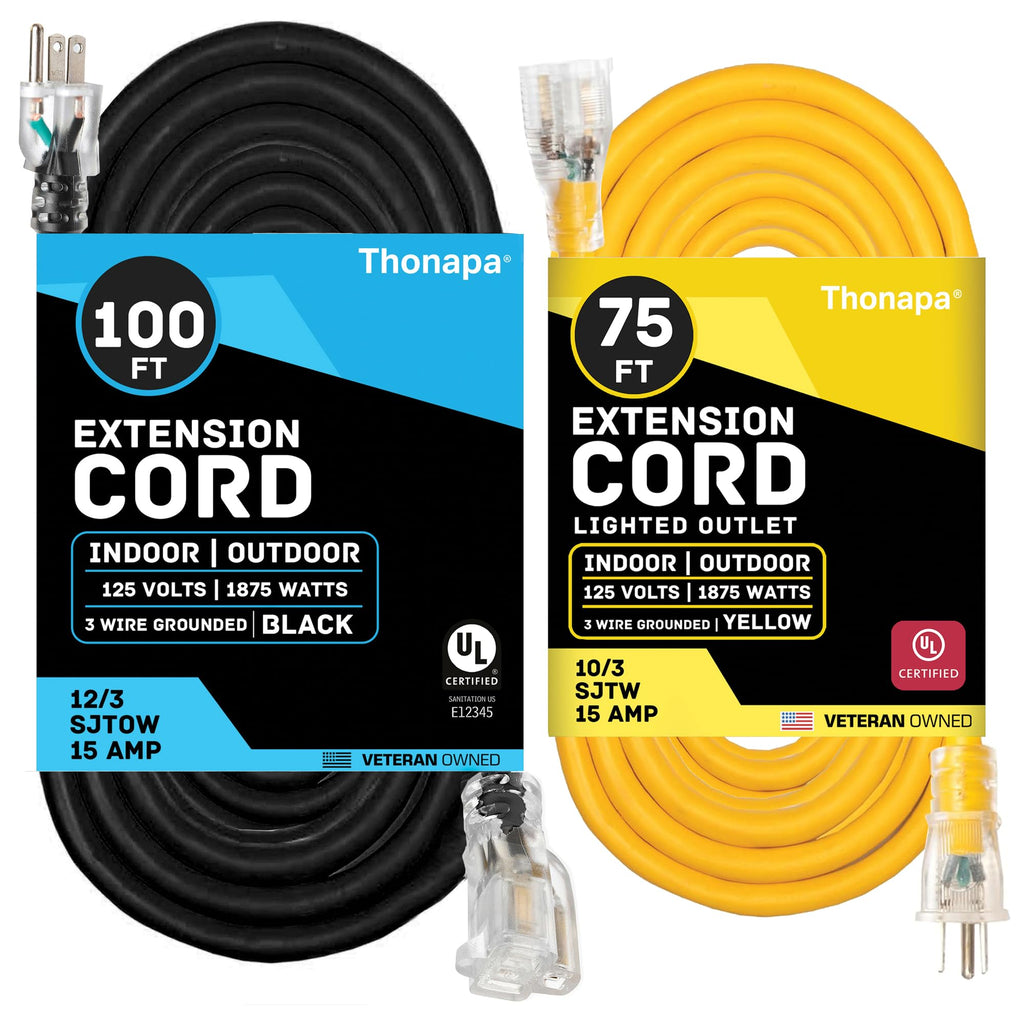 Black Oil Resistant 12 Gauge Extension Cord 100 ft and Yellow 10 Gauge Extension Cord 75 ft S865