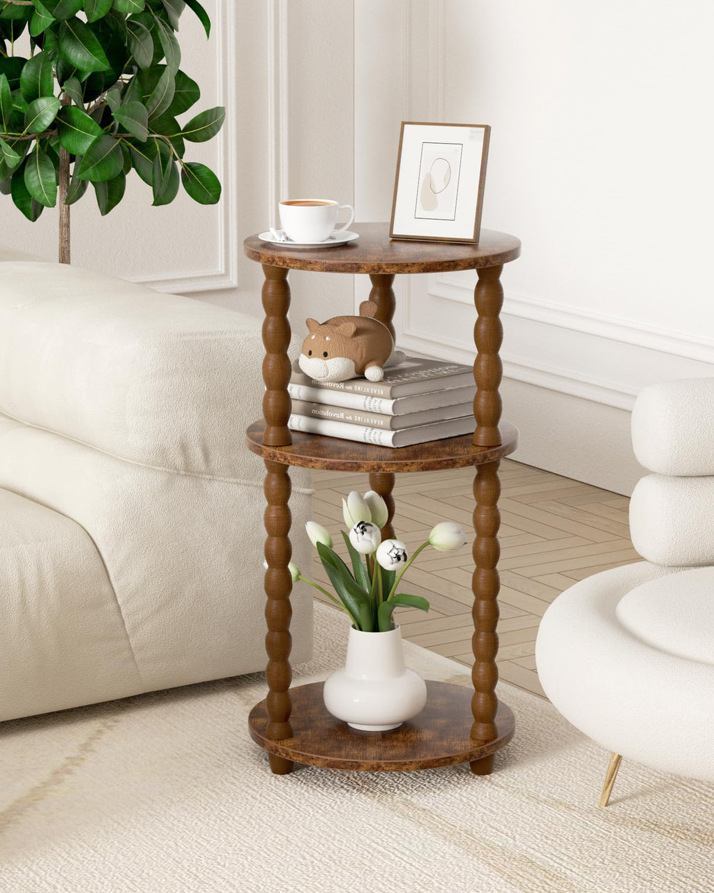 3 Tier Round Side Table with Spindle Wood Legs T346419