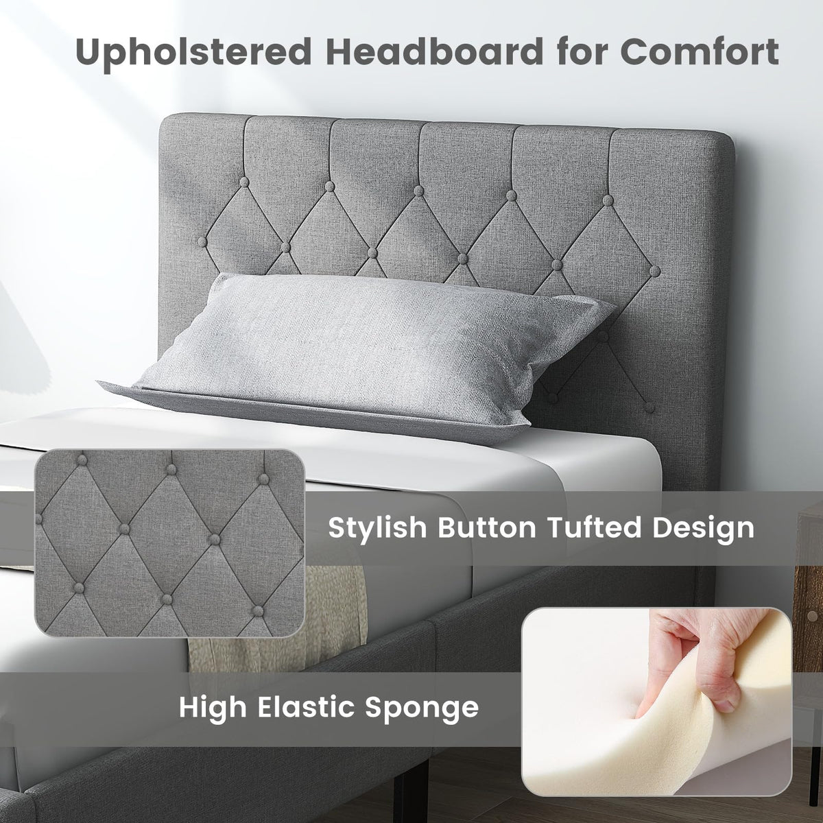 Grey Twin Upholstered Platform Bed with Headboard S181