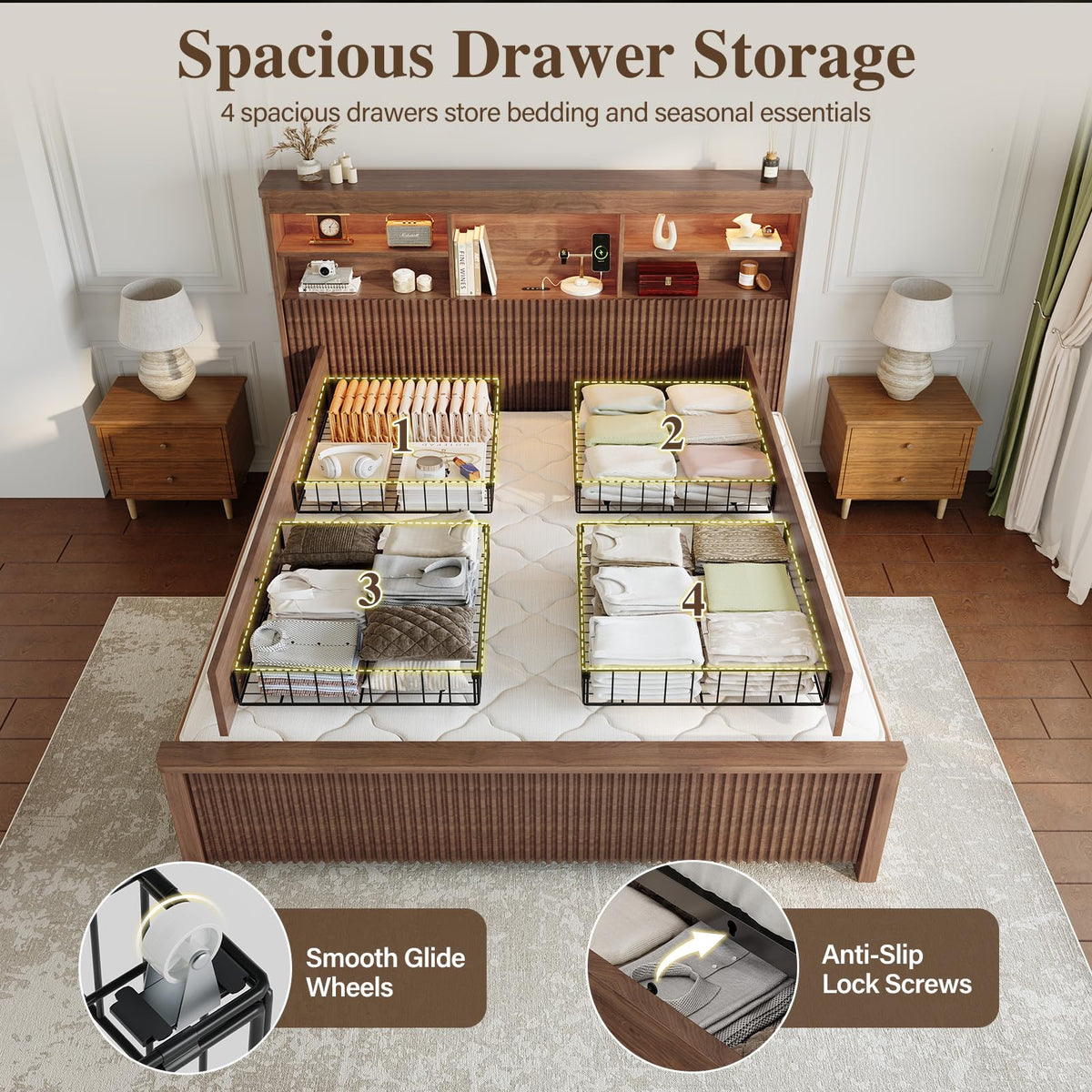 Queen Size Wood Bed Frame with 4 Storage Drawers C724