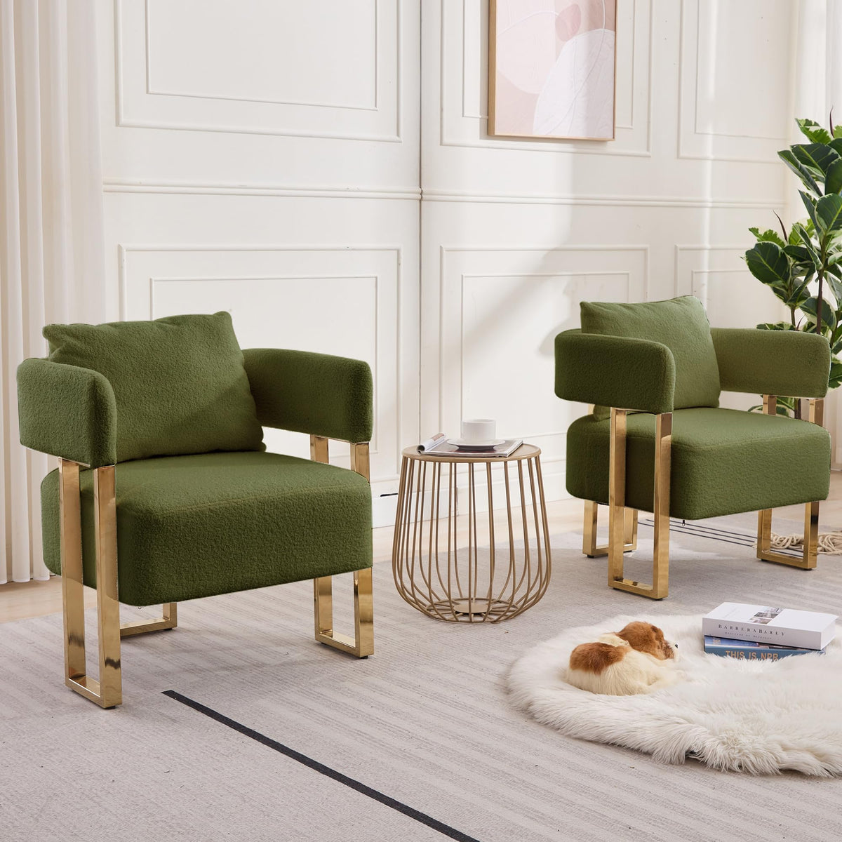 Green Teddy Upholstered Arm Chairs Set of 2 with Metal Legs R455024