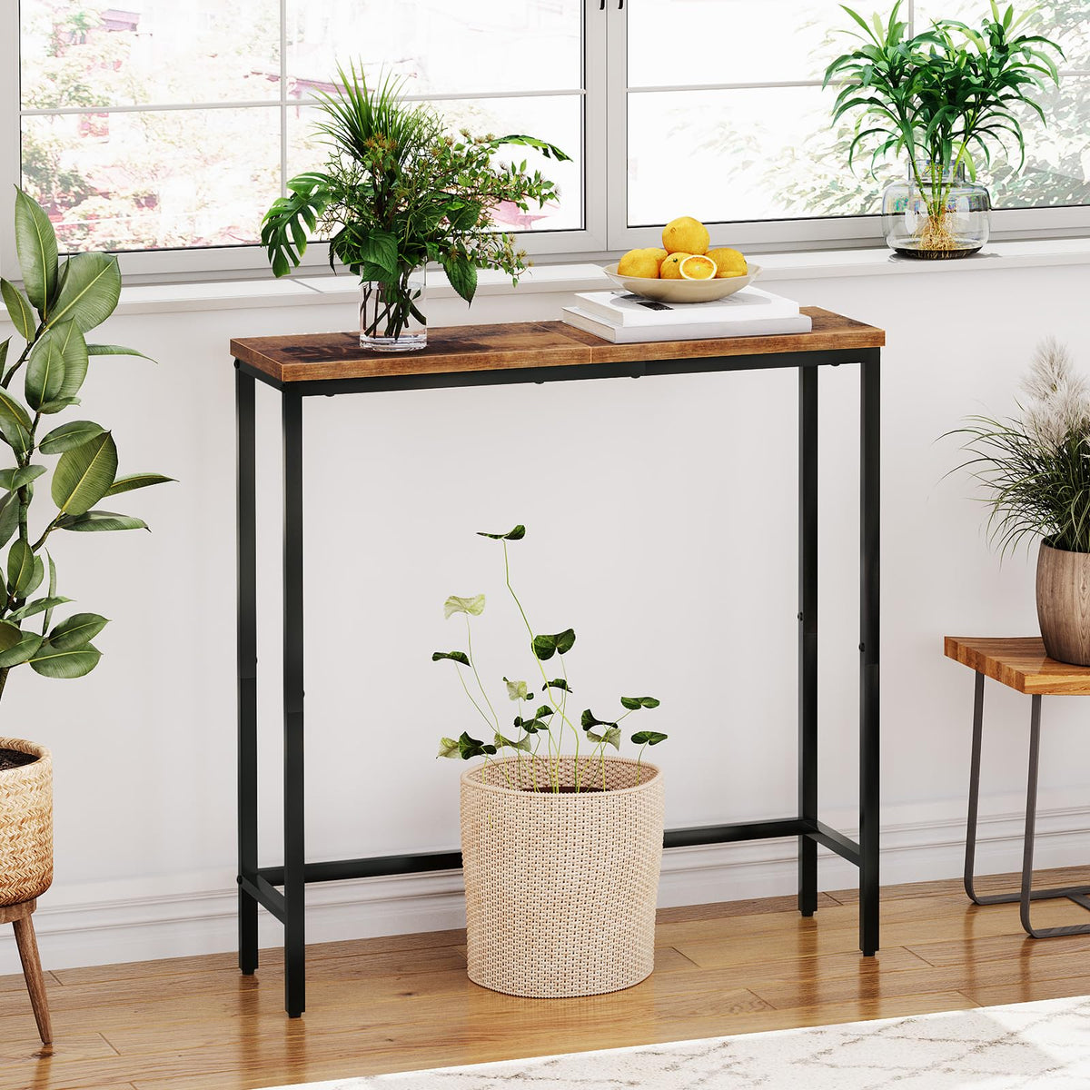 Narrow Console Table, Rustic Brown and Black O5087