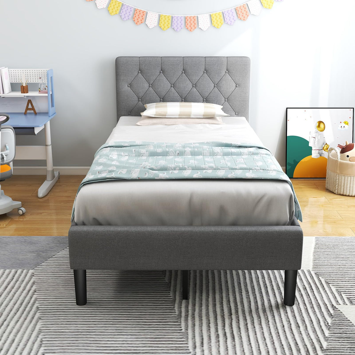 Grey Twin Upholstered Platform Bed with Headboard S181