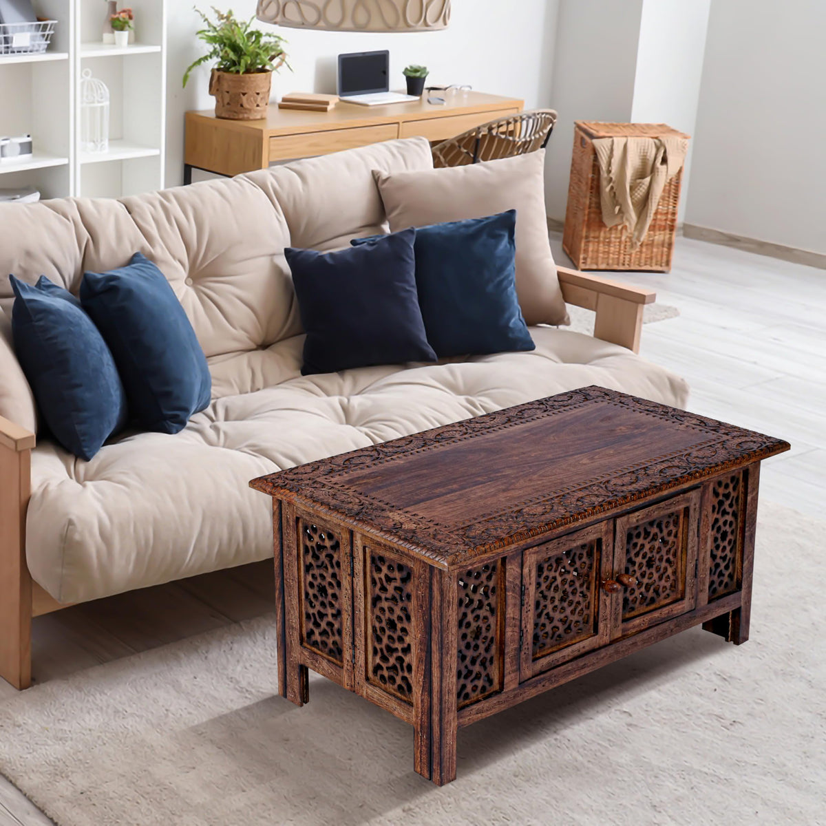 Hand-Carved Mango Wood Coffee Table A77051