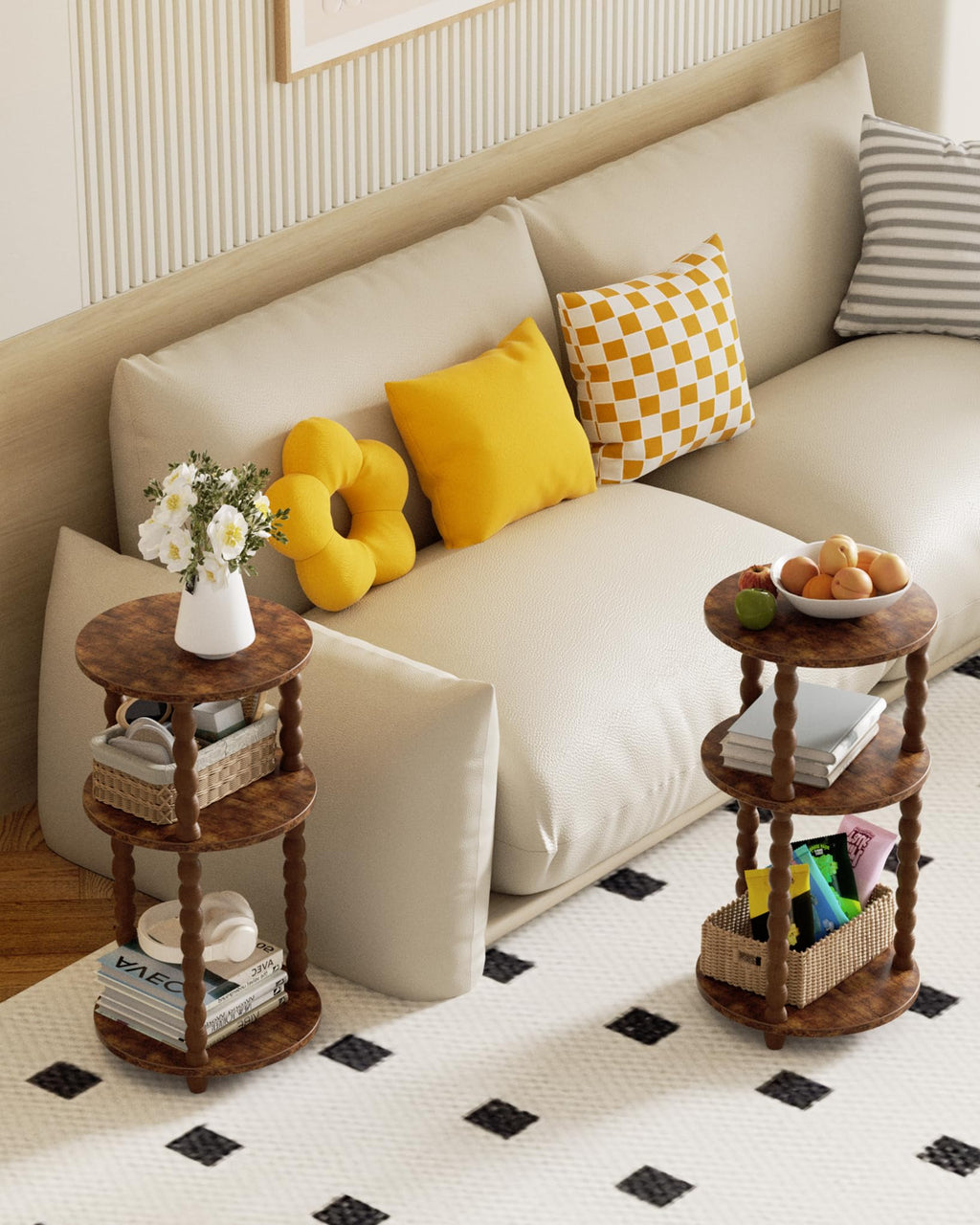 3 Tier Round Side Table with Spindle Wood Legs T346419