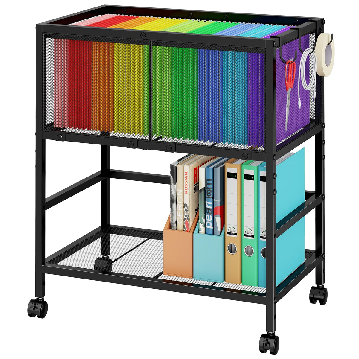 Black 2-Tier Rolling Metal File Cart with Storage Shelf M585799