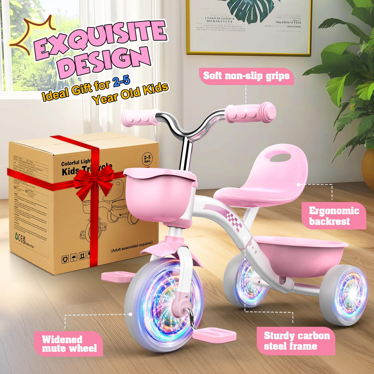 Pink Toddler Tricycle with Adjustable Seat and Light Wheels Q9887
